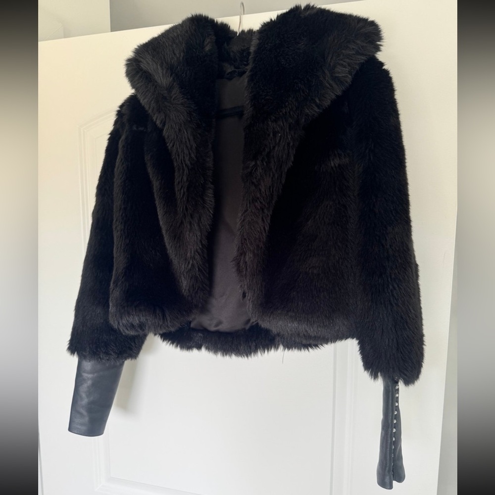 Black Faux Fur Jacket with Leather Sleeves
